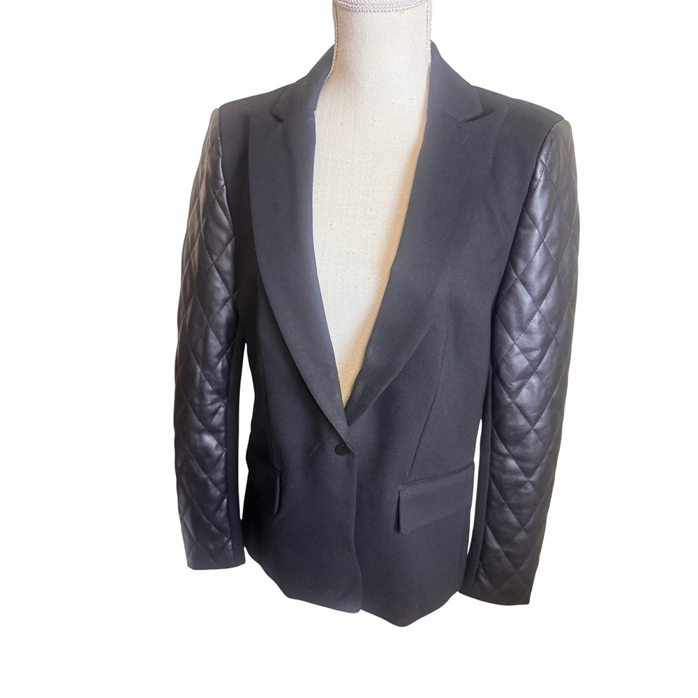 AQUA Black Blazer Quilted Faux Leather Sleeves Snap front Edgy City Chic sz L